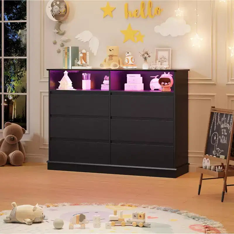 White Dresser for Bedroom, 6 Drawer Dresser with LED Lights and Charging Station, for Living Room, Hallway