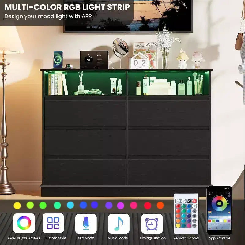 White Dresser for Bedroom, 6 Drawer Dresser with LED Lights and Charging Station, for Living Room, Hallway