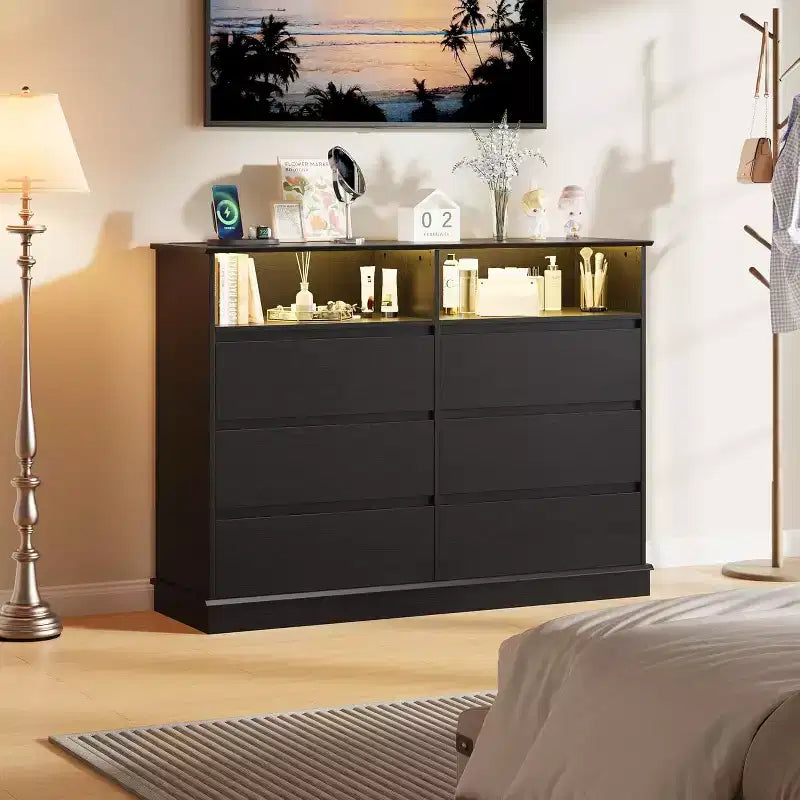 White Dresser for Bedroom, 6 Drawer Dresser with LED Lights and Charging Station, for Living Room, Hallway