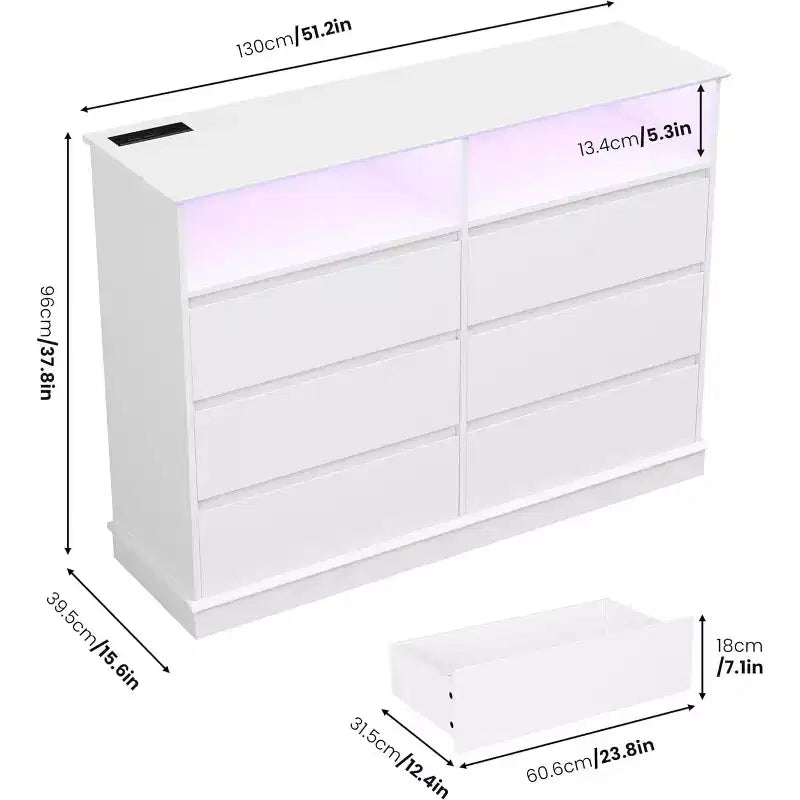 White Dresser for Bedroom, 6 Drawer Dresser with LED Lights and Charging Station, for Living Room, Hallway