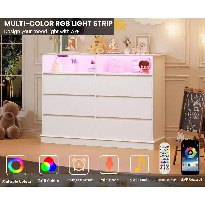 White Dresser for Bedroom, 6 Drawer Dresser with LED Lights and Charging Station, for Living Room, Hallway