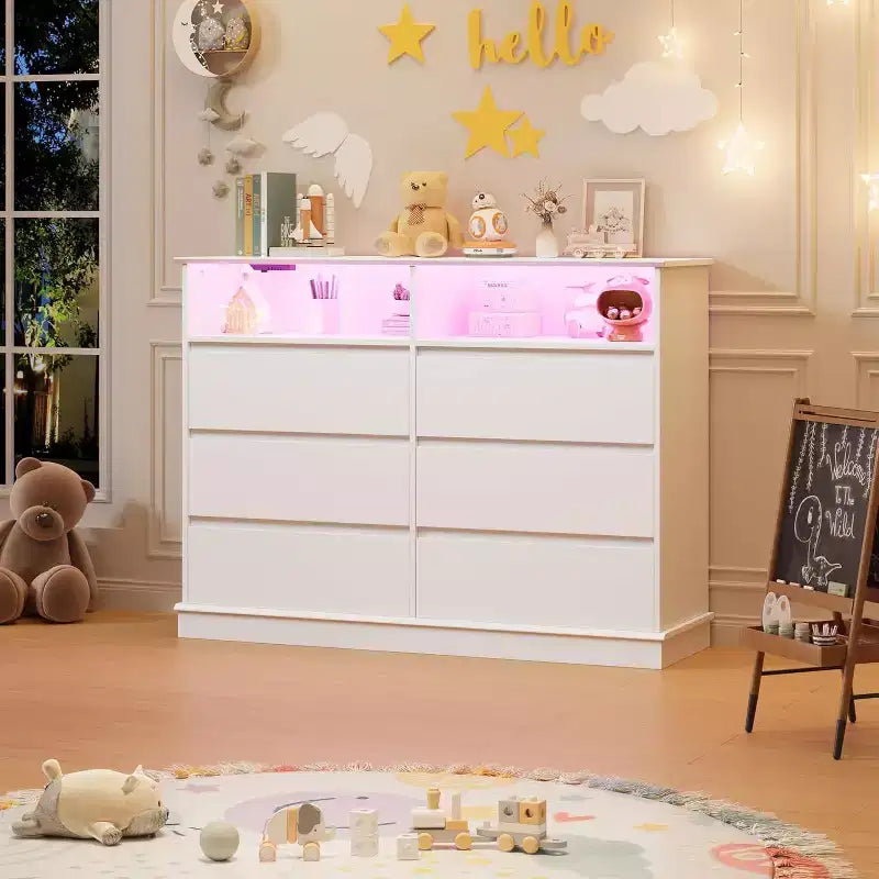White Dresser for Bedroom, 6 Drawer Dresser with LED Lights and Charging Station, for Living Room, Hallway