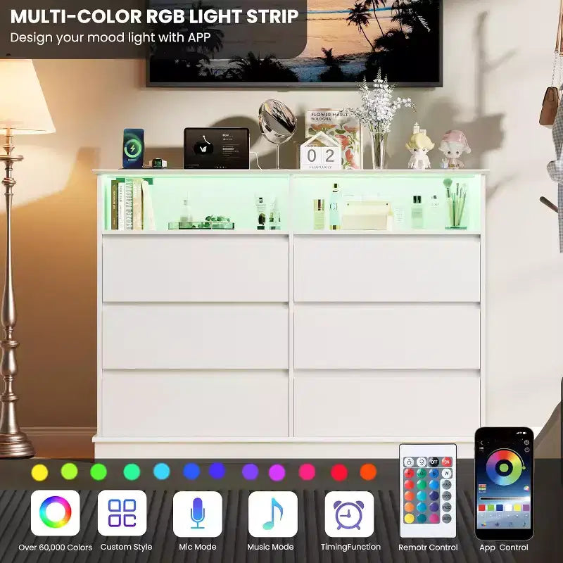 White Dresser for Bedroom, 6 Drawer Dresser with LED Lights and Charging Station, for Living Room, Hallway