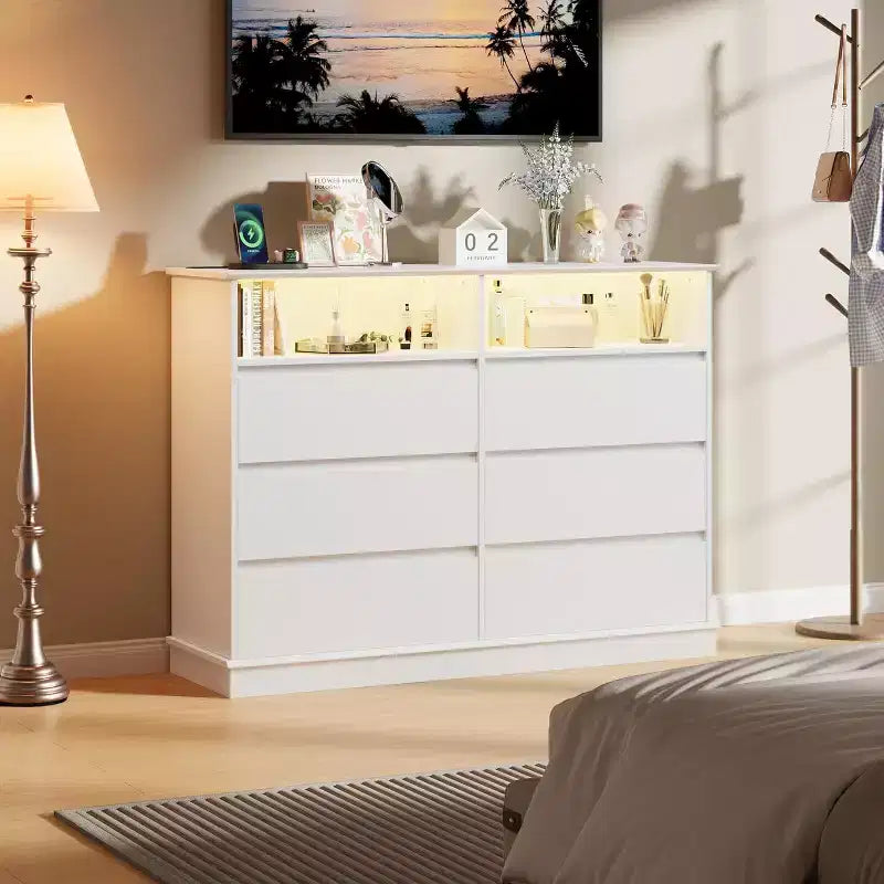 White Dresser for Bedroom, 6 Drawer Dresser with LED Lights and Charging Station, for Living Room, Hallway