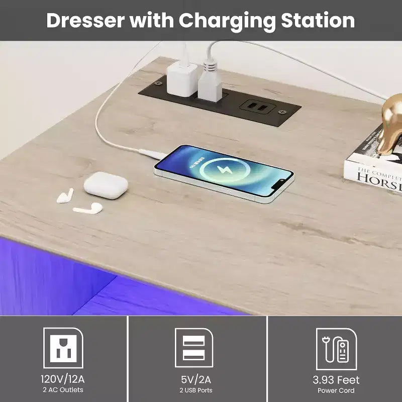 White Dresser for Bedroom, 6 Drawer Dresser with LED Lights and Charging Station, for Living Room, Hallway