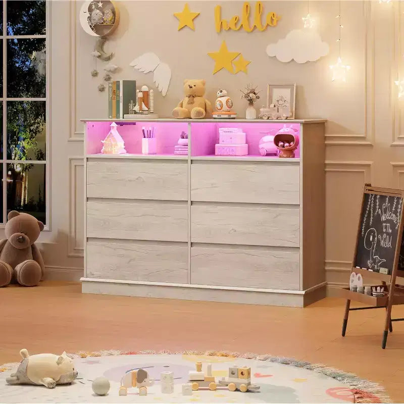 White Dresser for Bedroom, 6 Drawer Dresser with LED Lights and Charging Station, for Living Room, Hallway