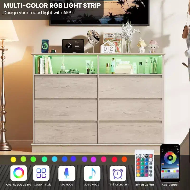 White Dresser for Bedroom, 6 Drawer Dresser with LED Lights and Charging Station, for Living Room, Hallway