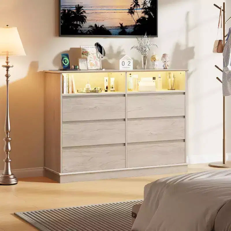 White Dresser for Bedroom, 6 Drawer Dresser with LED Lights and Charging Station, for Living Room, Hallway