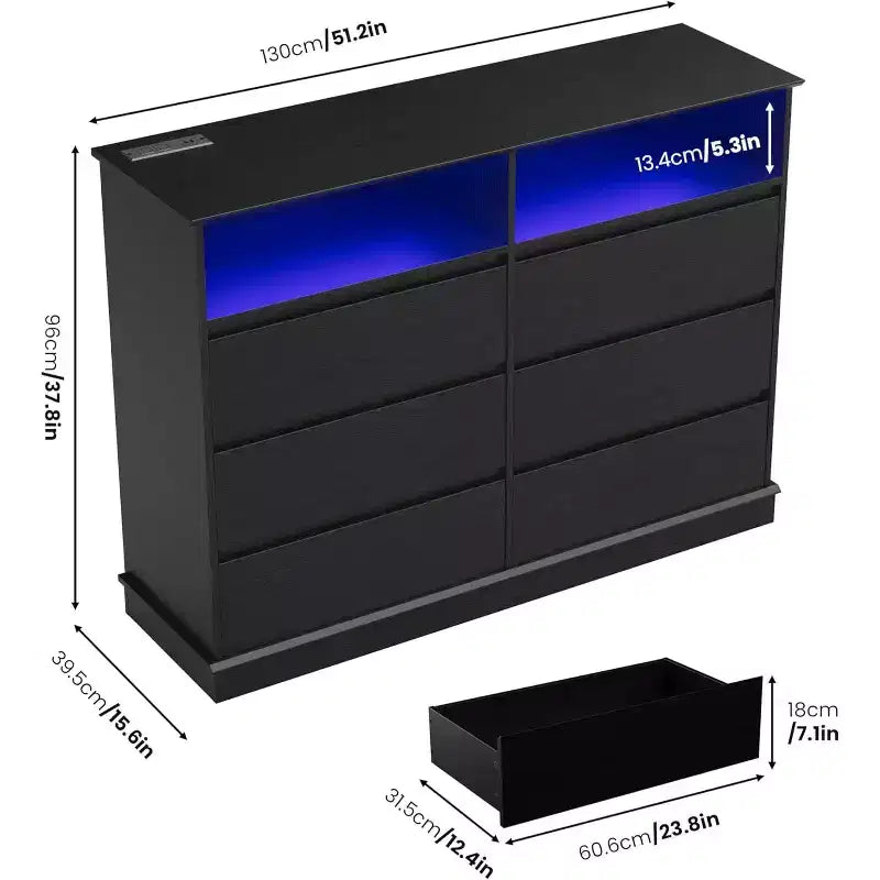 White Dresser for Bedroom, 6 Drawer Dresser with LED Lights and Charging Station, for Living Room, Hallway