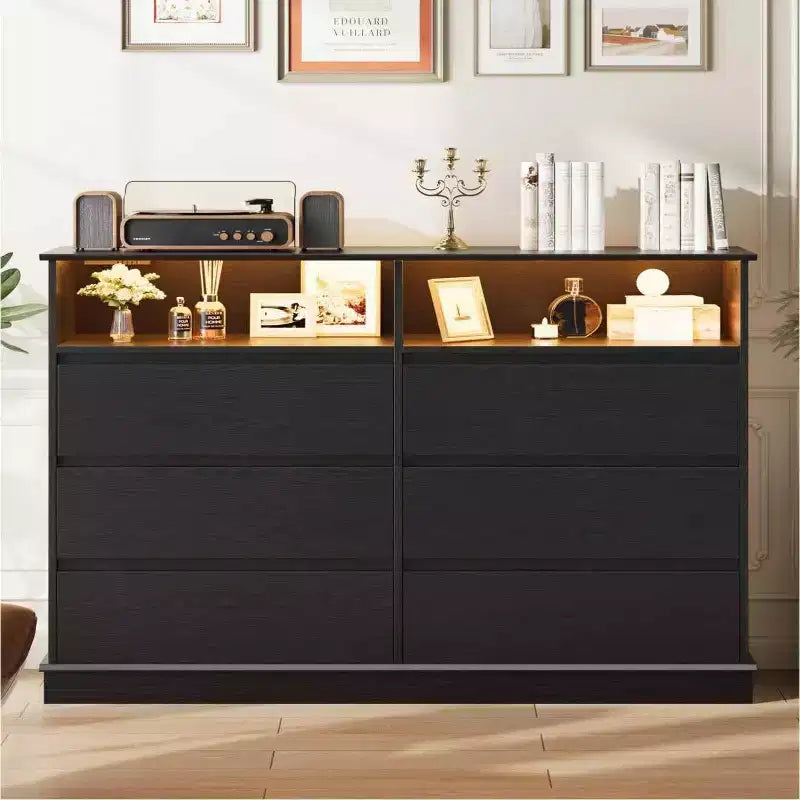 White Dresser for Bedroom, 6 Drawer Dresser with LED Lights and Charging Station, for Living Room, Hallway