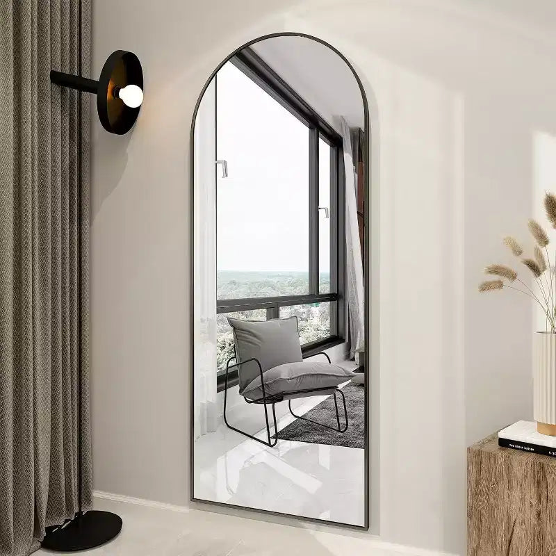 66x25 Full Length Mirror, Wall Mirrors Hanging or Leaning Arched-Top Full Body Mirror with Stand for Bedroom, Dressing Room, Black