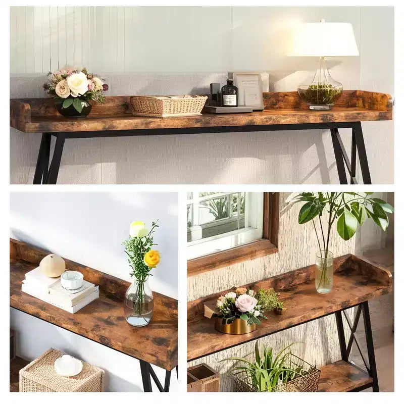 MAYEERTY Table console étroite rustique de 180 cm avec cadre métallique robuste Décoration d'intérieur