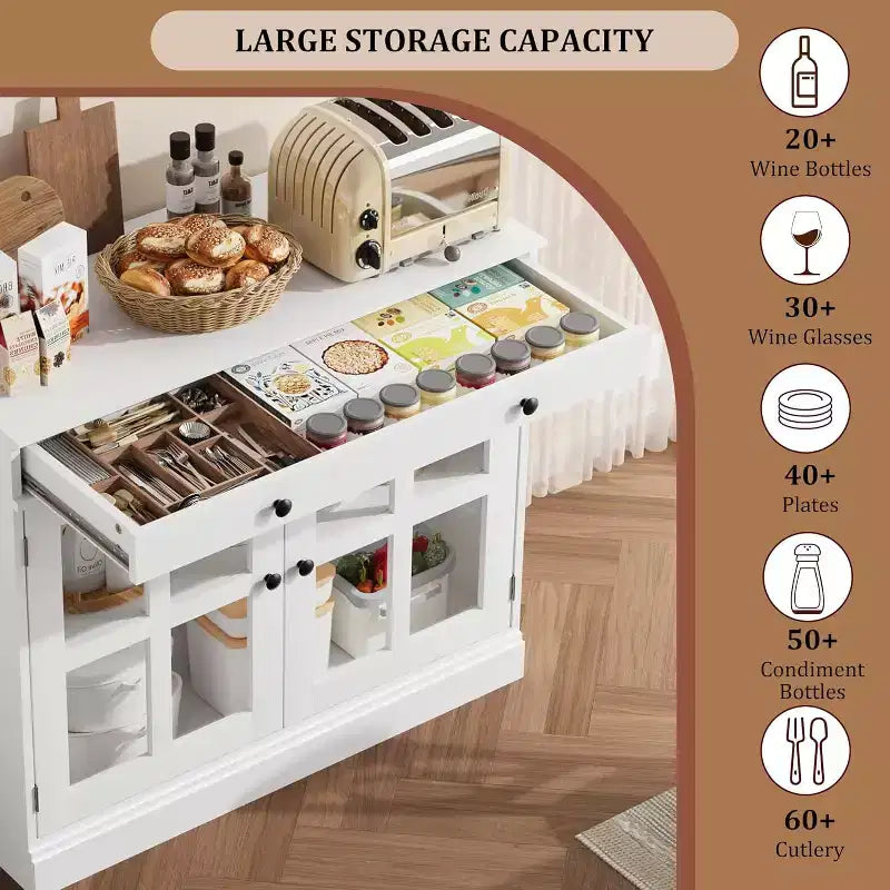 Kitchen Storage Cabinet, 2 Glass Door Buffet Sideboard, Wooden Drawer, MDF Back Panel, Modern Coffee Bar Cabinet with Adjustable Shelf