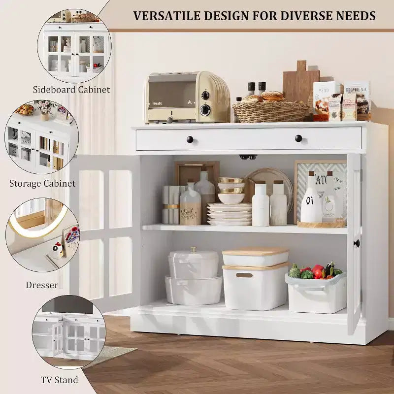 Kitchen Storage Cabinet, 2 Glass Door Buffet Sideboard, Wooden Drawer, MDF Back Panel, Modern Coffee Bar Cabinet with Adjustable Shelf