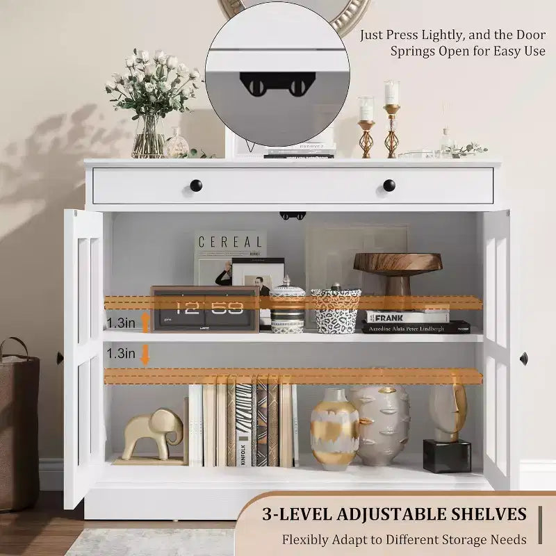 Kitchen Storage Cabinet, 2 Glass Door Buffet Sideboard, Wooden Drawer, MDF Back Panel, Modern Coffee Bar Cabinet with Adjustable Shelf