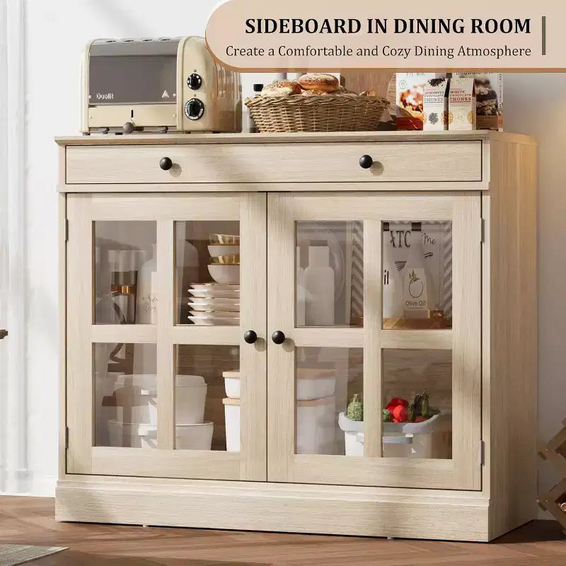 Kitchen Storage Cabinet, 2 Glass Door Buffet Sideboard, Wooden Drawer, MDF Back Panel, Modern Coffee Bar Cabinet with Adjustable Shelf