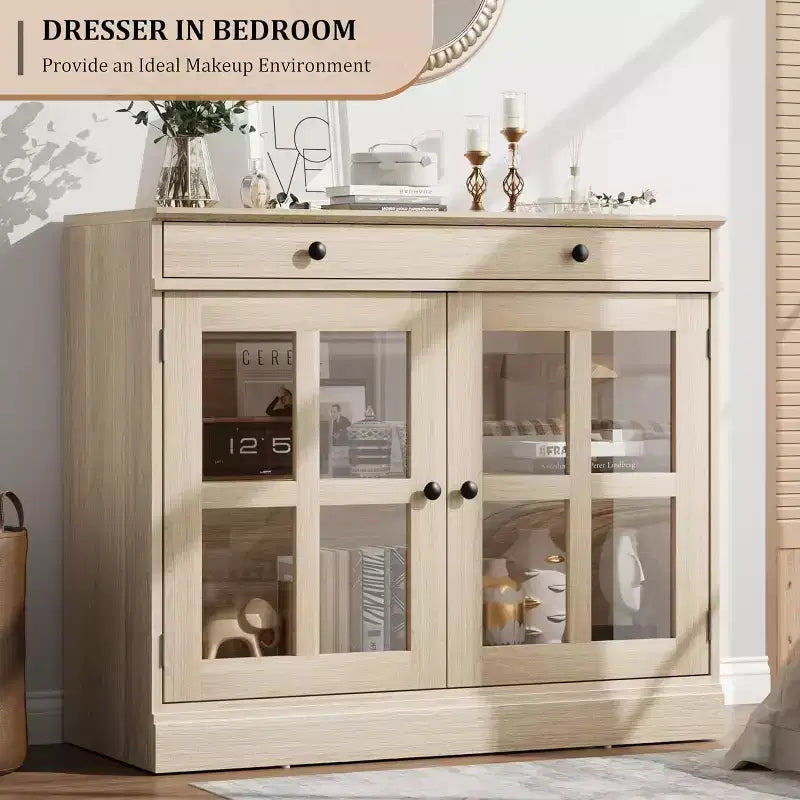 Kitchen Storage Cabinet, 2 Glass Door Buffet Sideboard, Wooden Drawer, MDF Back Panel, Modern Coffee Bar Cabinet with Adjustable Shelf