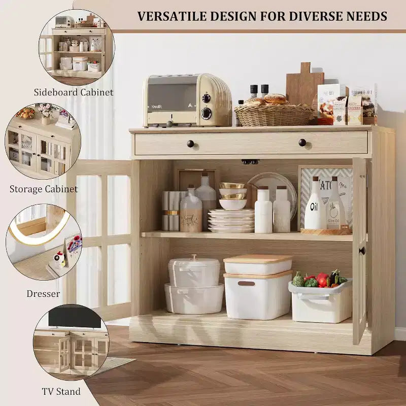 Kitchen Storage Cabinet, 2 Glass Door Buffet Sideboard, Wooden Drawer, MDF Back Panel, Modern Coffee Bar Cabinet with Adjustable Shelf