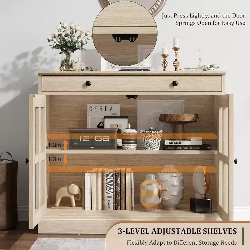 Kitchen Storage Cabinet, 2 Glass Door Buffet Sideboard, Wooden Drawer, MDF Back Panel, Modern Coffee Bar Cabinet with Adjustable Shelf