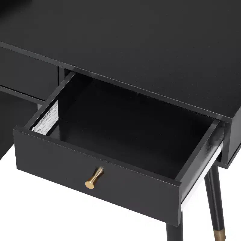 Modern Makeup Vanity Desk Vanity Table Dressing Table with Stool, Drawers, Cabinet & Charging Ports, Black/Walnut-ModernLuxe