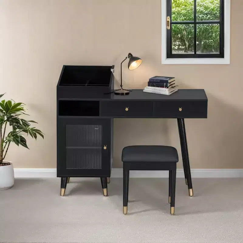 Modern Makeup Vanity Desk Vanity Table Dressing Table with Stool, Drawers, Cabinet & Charging Ports, Black/Walnut-ModernLuxe