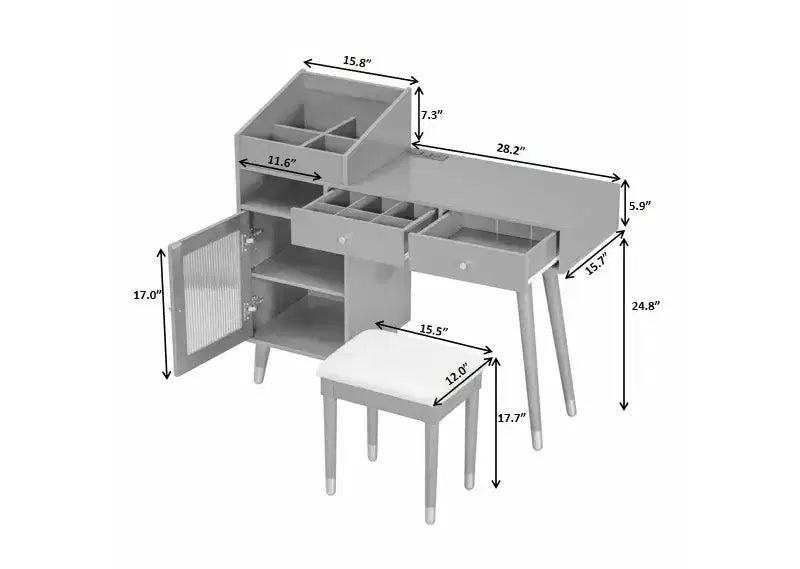 Modern Makeup Vanity Desk Vanity Table Dressing Table with Stool, Drawers, Cabinet & Charging Ports, Black/Walnut-ModernLuxe