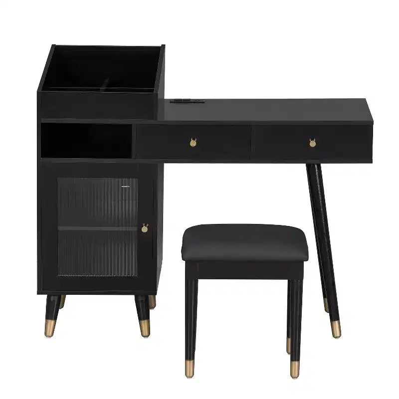 Modern Makeup Vanity Desk Vanity Table Dressing Table with Stool, Drawers, Cabinet & Charging Ports, Black/Walnut-ModernLuxe
