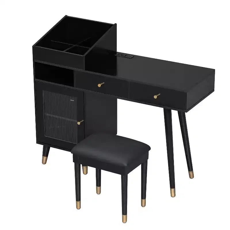 Modern Makeup Vanity Desk Vanity Table Dressing Table with Stool, Drawers, Cabinet & Charging Ports, Black/Walnut-ModernLuxe