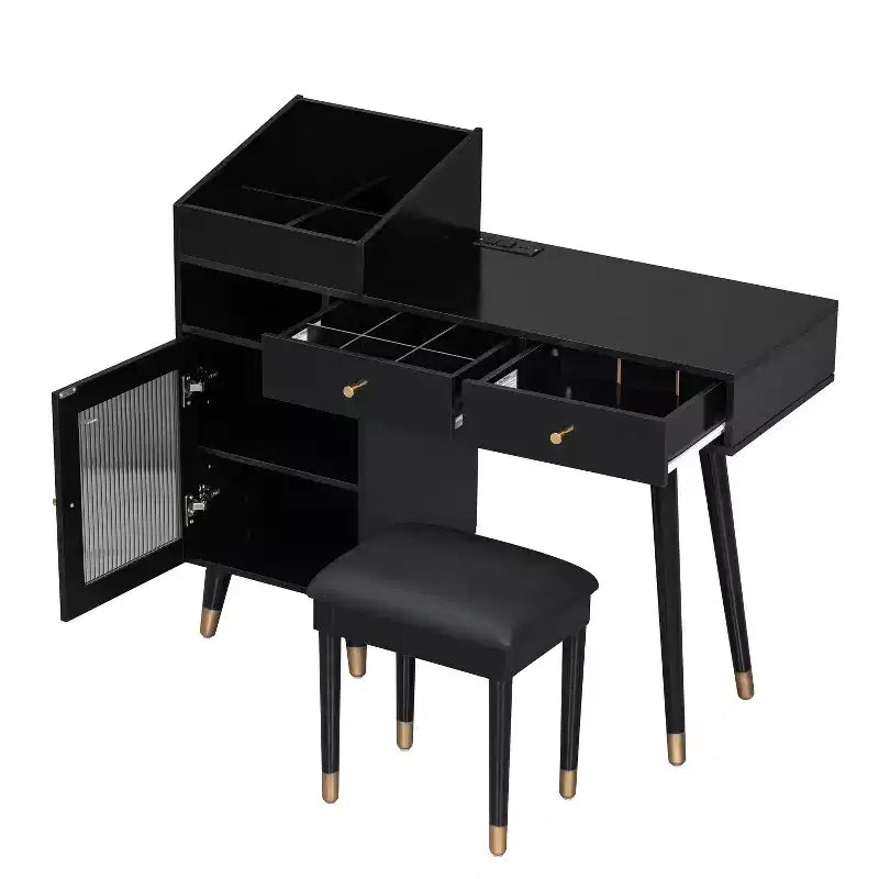 Modern Makeup Vanity Desk Vanity Table Dressing Table with Stool, Drawers, Cabinet & Charging Ports, Black/Walnut-ModernLuxe