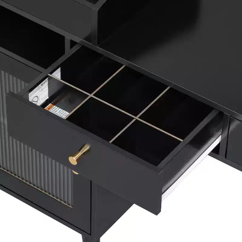 Modern Makeup Vanity Desk Vanity Table Dressing Table with Stool, Drawers, Cabinet & Charging Ports, Black/Walnut-ModernLuxe