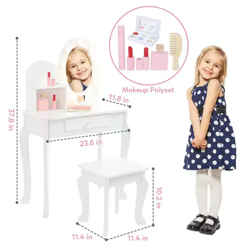 Kids Vanity Set with Stool - Wooden Princess Makeup Table with Mirror, Play Cosmetics & Storage