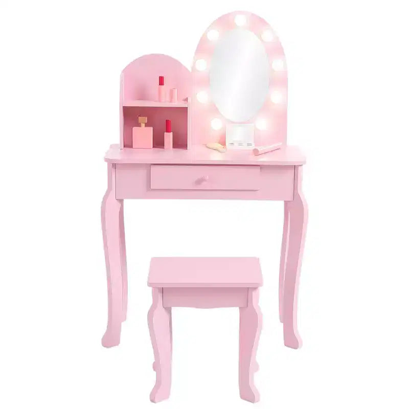 Kids Vanity Set with Stool - Wooden Princess Makeup Table with Mirror, Play Cosmetics & Storage