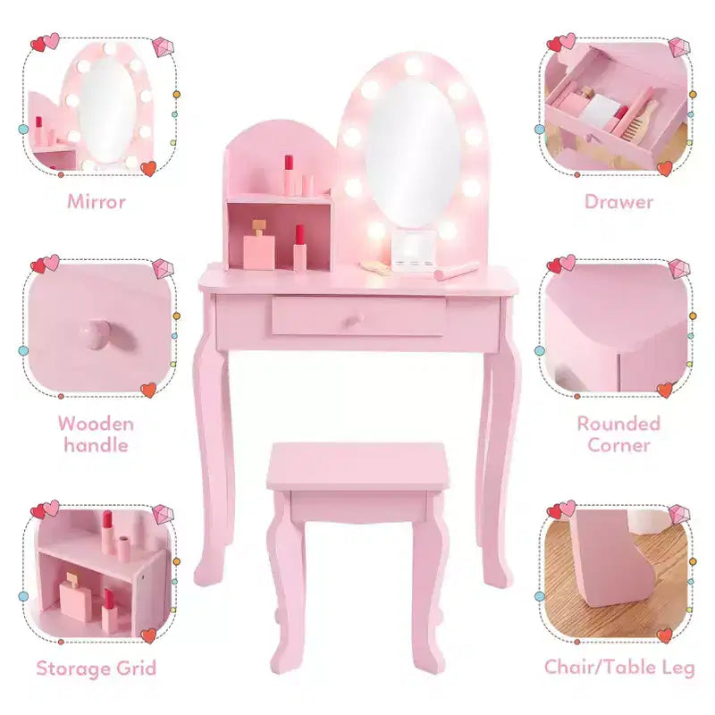 Kids Vanity Set with Stool - Wooden Princess Makeup Table with Mirror, Play Cosmetics & Storage