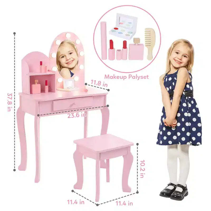 Kids Vanity Set with Stool - Wooden Princess Makeup Table with Mirror, Play Cosmetics & Storage