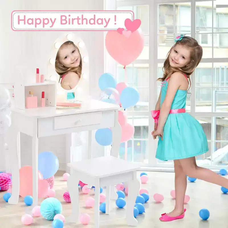 Kids Vanity Set with Stool - Wooden Princess Makeup Table with Mirror, Play Cosmetics & Storage