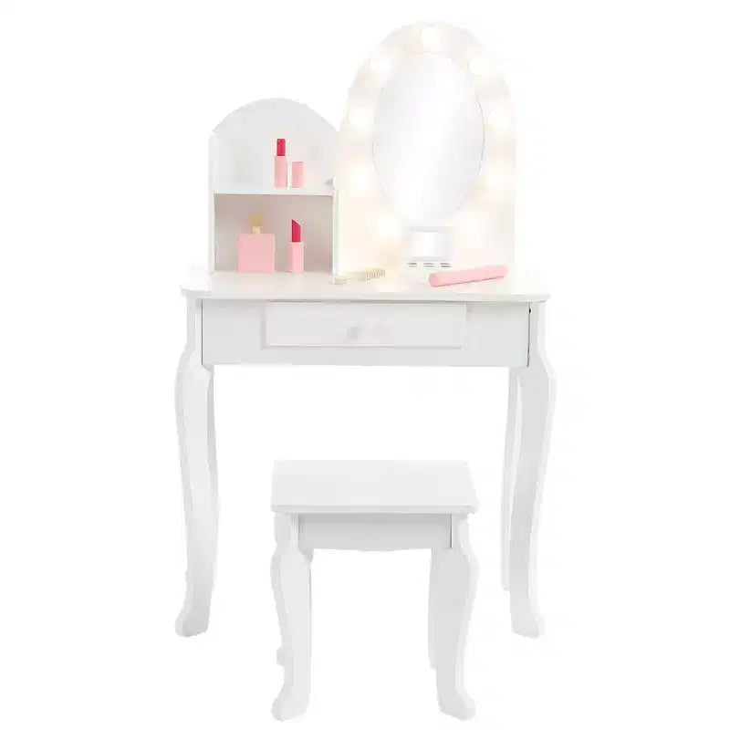Kids Vanity Set with Stool - Wooden Princess Makeup Table with Mirror, Play Cosmetics & Storage