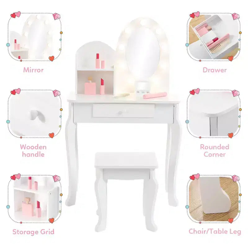 Kids Vanity Set with Stool - Wooden Princess Makeup Table with Mirror, Play Cosmetics & Storage
