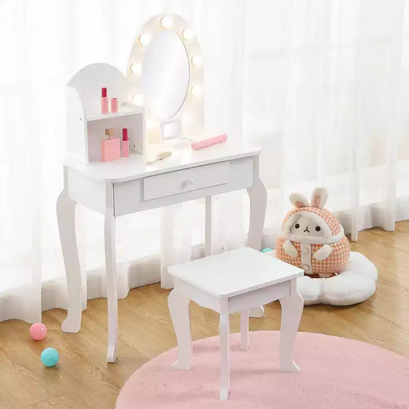 Kids Vanity Set with Stool - Wooden Princess Makeup Table with Mirror, Play Cosmetics & Storage