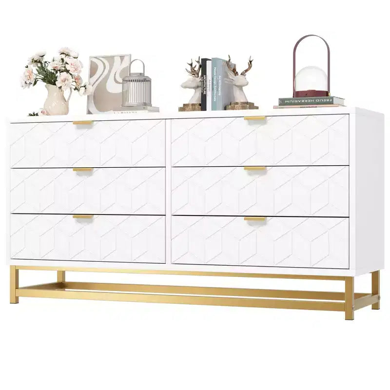 Dresser for Bedroom, 53.5 Large Dresser Organizer, 6 Drawer Dresser with Golden Metal Handle and Legs, Dressers with Drawers