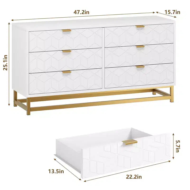 Dresser for Bedroom, 53.5 Large Dresser Organizer, 6 Drawer Dresser with Golden Metal Handle and Legs, Dressers with Drawers