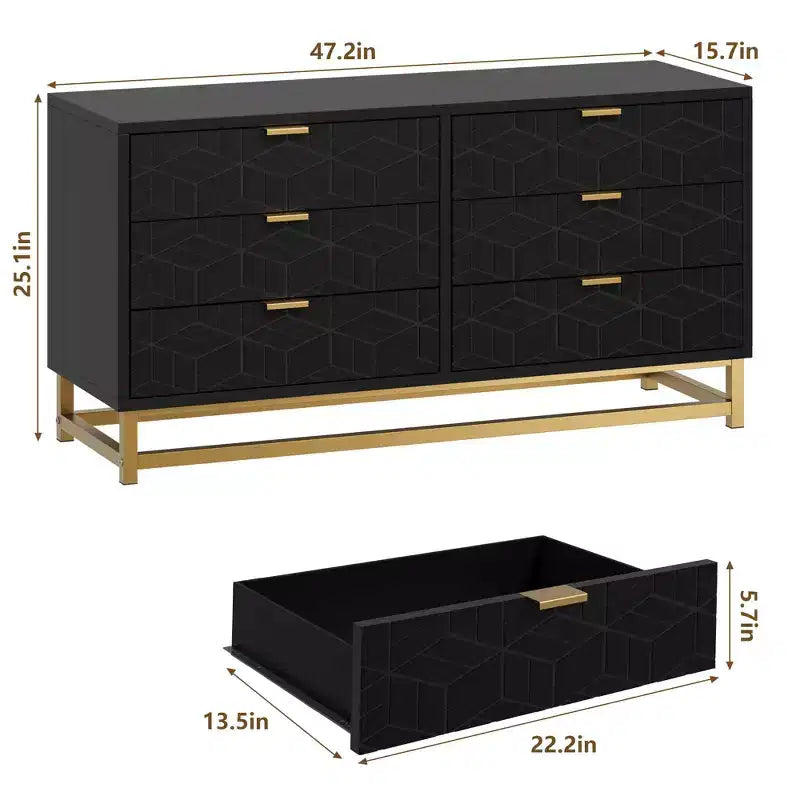 Dresser for Bedroom, 53.5 Large Dresser Organizer, 6 Drawer Dresser with Golden Metal Handle and Legs, Dressers with Drawers