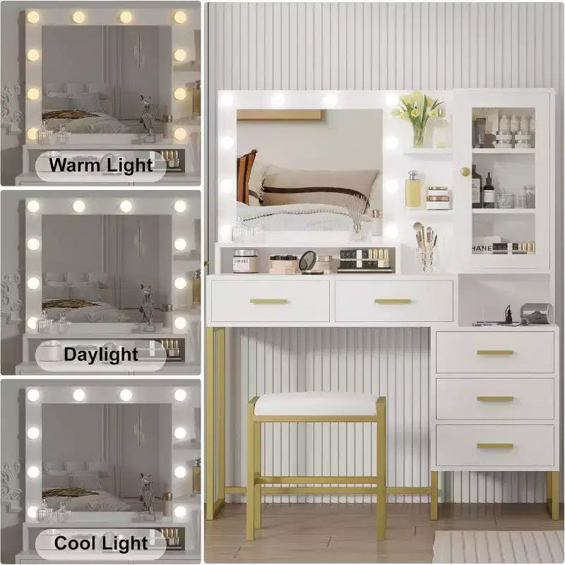 Bedroom Dressing Table with Mirror and Lamp, 3 Colours, Wooden Dressing Table with Charging Stand, 5 Drawers and Open Storage Shelf, Black