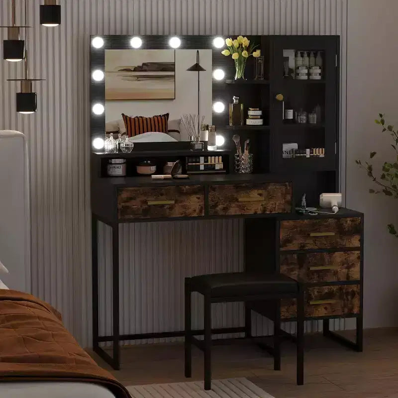 Bedroom Dressing Table with Mirror and Lamp, 3 Colours, Wooden Dressing Table with Charging Stand, 5 Drawers and Open Storage Shelf, Black