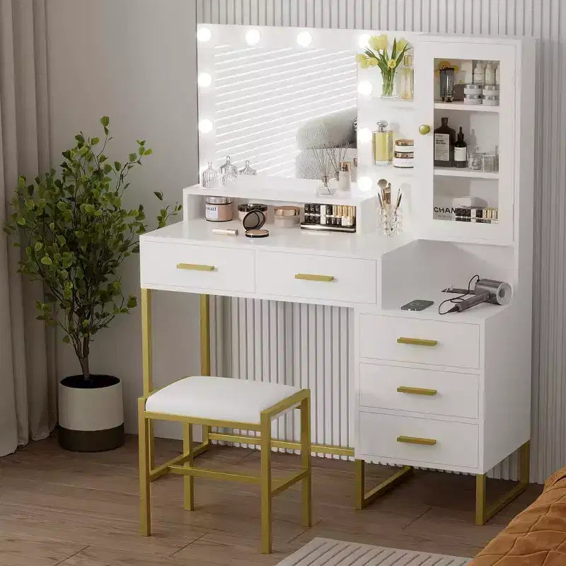 Bedroom Dressing Table with Mirror and Lamp, 3 Colours, Wooden Dressing Table with Charging Stand, 5 Drawers and Open Storage Shelf, Black