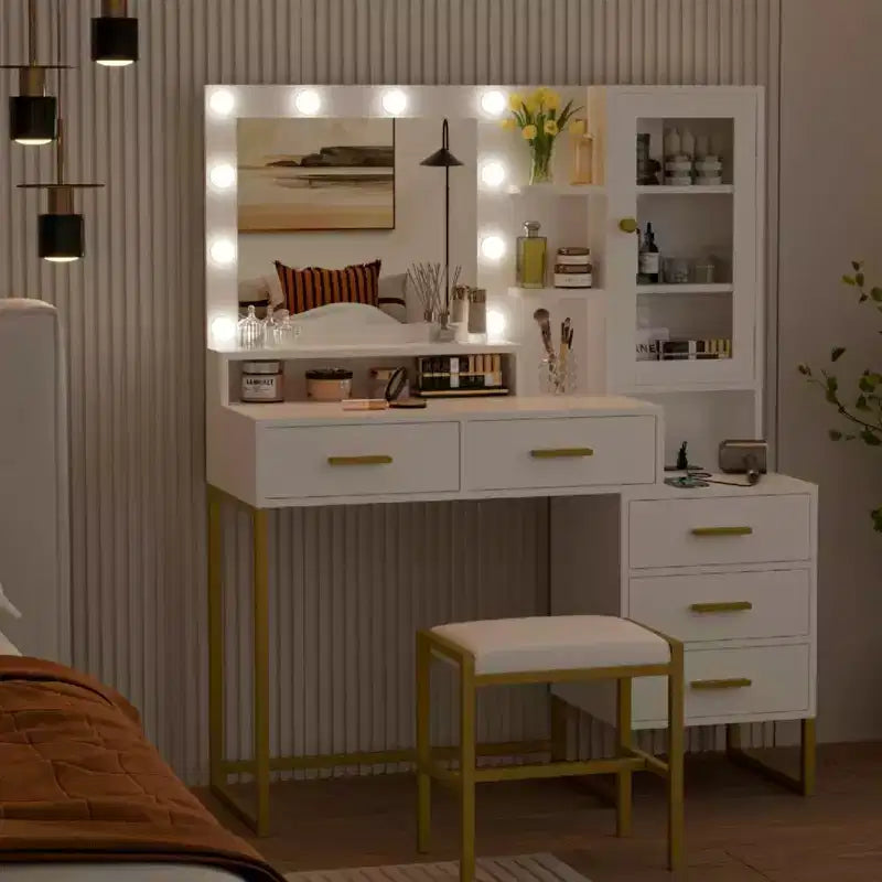 Bedroom Dressing Table with Mirror and Lamp, 3 Colours, Wooden Dressing Table with Charging Stand, 5 Drawers and Open Storage Shelf, Black