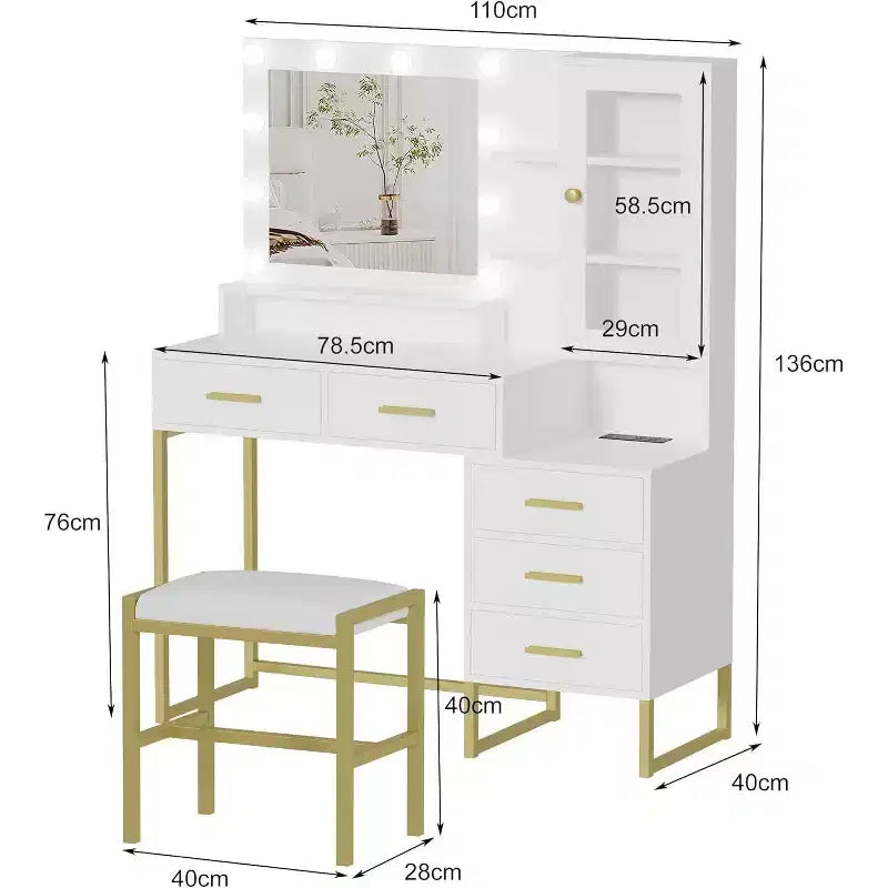 Bedroom Dressing Table with Mirror and Lamp, 3 Colours, Wooden Dressing Table with Charging Stand, 5 Drawers and Open Storage Shelf, Black