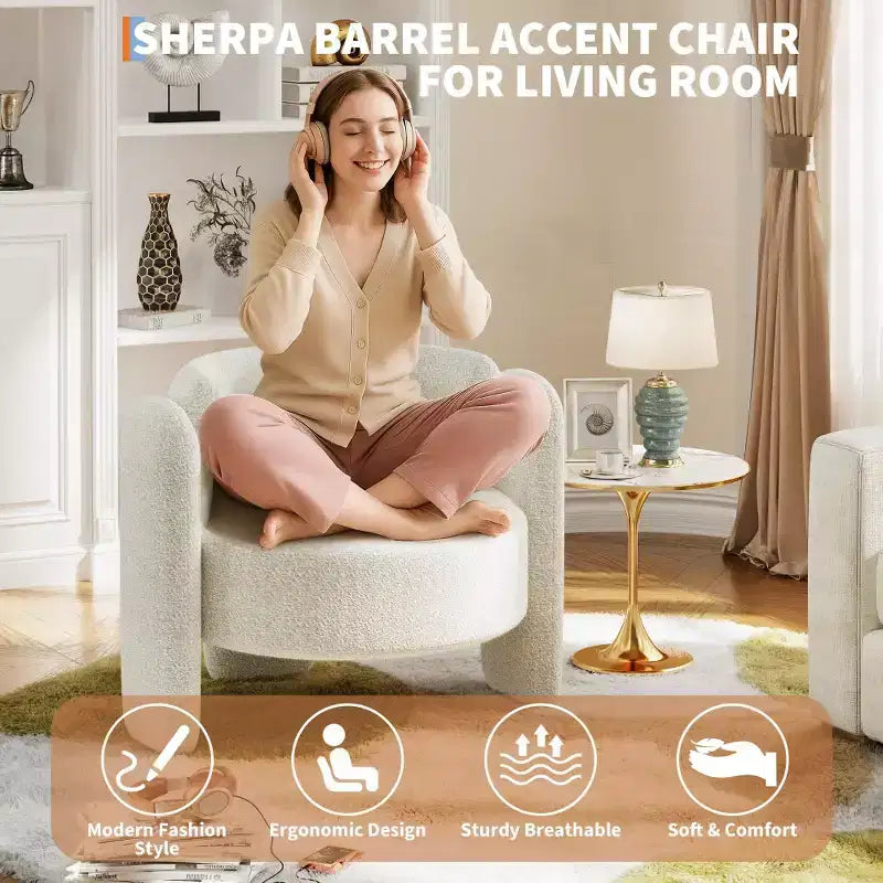 Oversized Chenille Armchair Modern Barrel Accent Chair Upholstered Mid-Century Round Chair With Open Back Single Sofa Extra