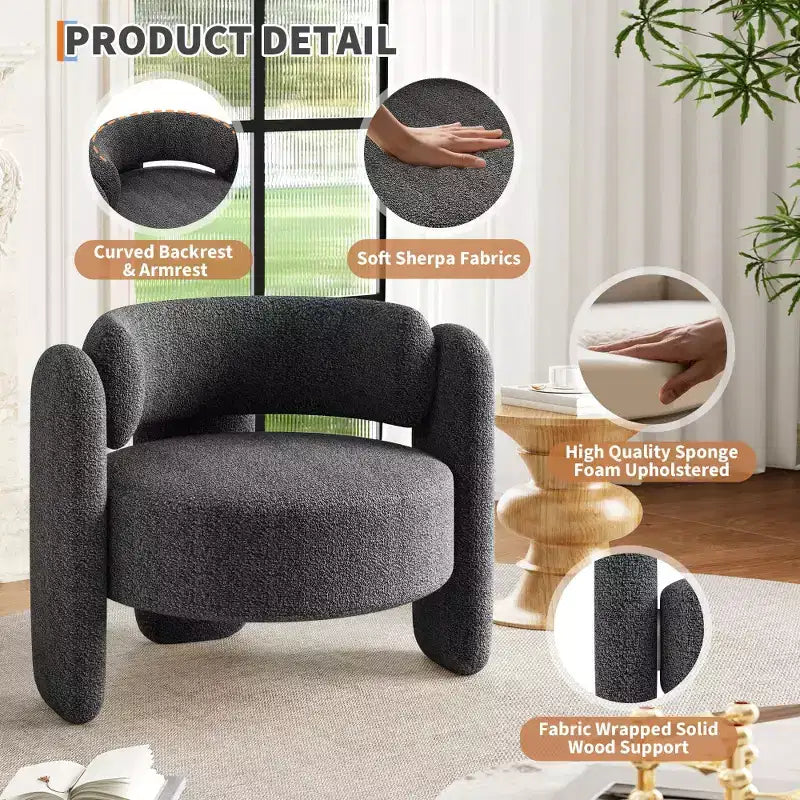 Oversized Chenille Armchair Modern Barrel Accent Chair Upholstered Mid-Century Round Chair With Open Back Single Sofa Extra