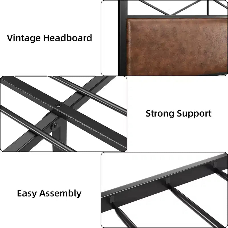 Bed Frame with Headboard, Industrial Platform Upholstered King Bed Frame with 14 Strong Metal Slats Support, 11'' Under-Bed Storage, Brown