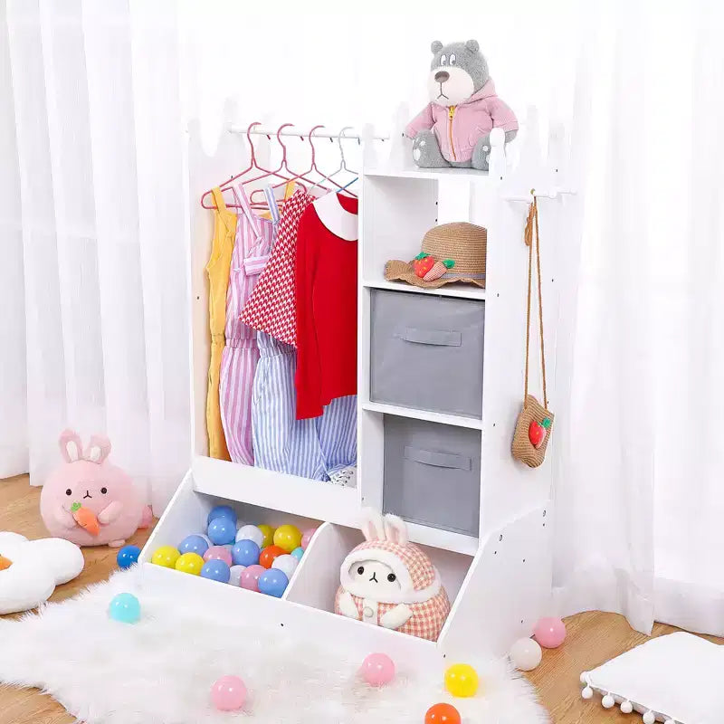 Princess Wardrobe w/Mirror, Complete Dress-Up Center w/ Storage, 4-Tier Shelves & Fabric Bins, Kids Closet Organizer for Clothes, Toys, Shoes